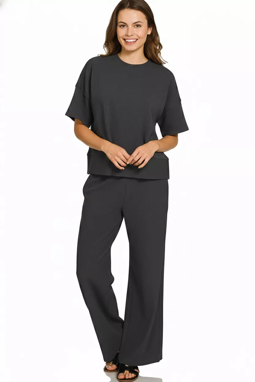 Ribbed Round Neck Tee & Pants Set in Black for Women