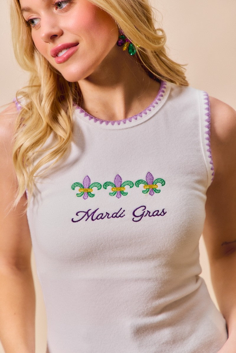 Mardi Gras Tank Top with Contrast Blanket Stitch for Women