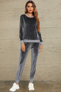 Round Neck Long Sleeve Loungewear Set with Pockets in Charcoal for Women