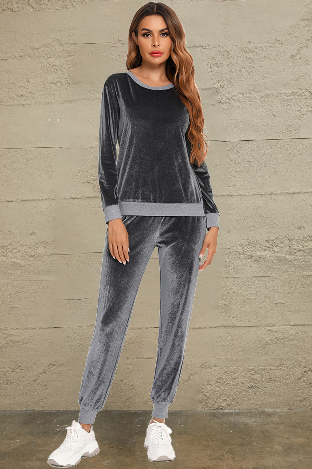 Round Neck Long Sleeve Loungewear Set with Pockets in Charcoal for Women
