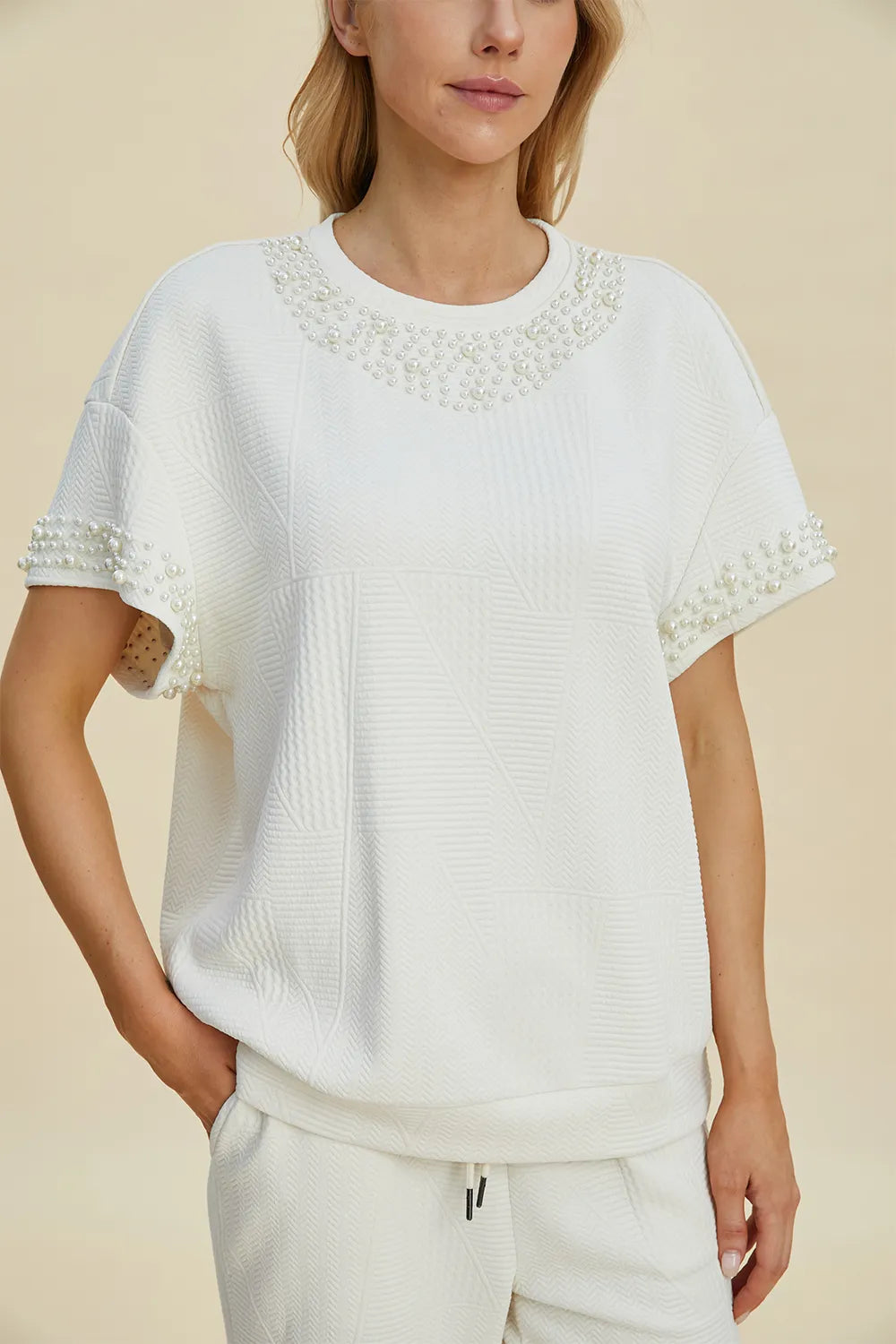 Plus Size Pearl Detail Round Neck Top and Pants Set in Cream for Women