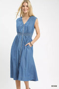 Denim Sleeveless Zip-Front Smocked Waist Midi Dress for Women