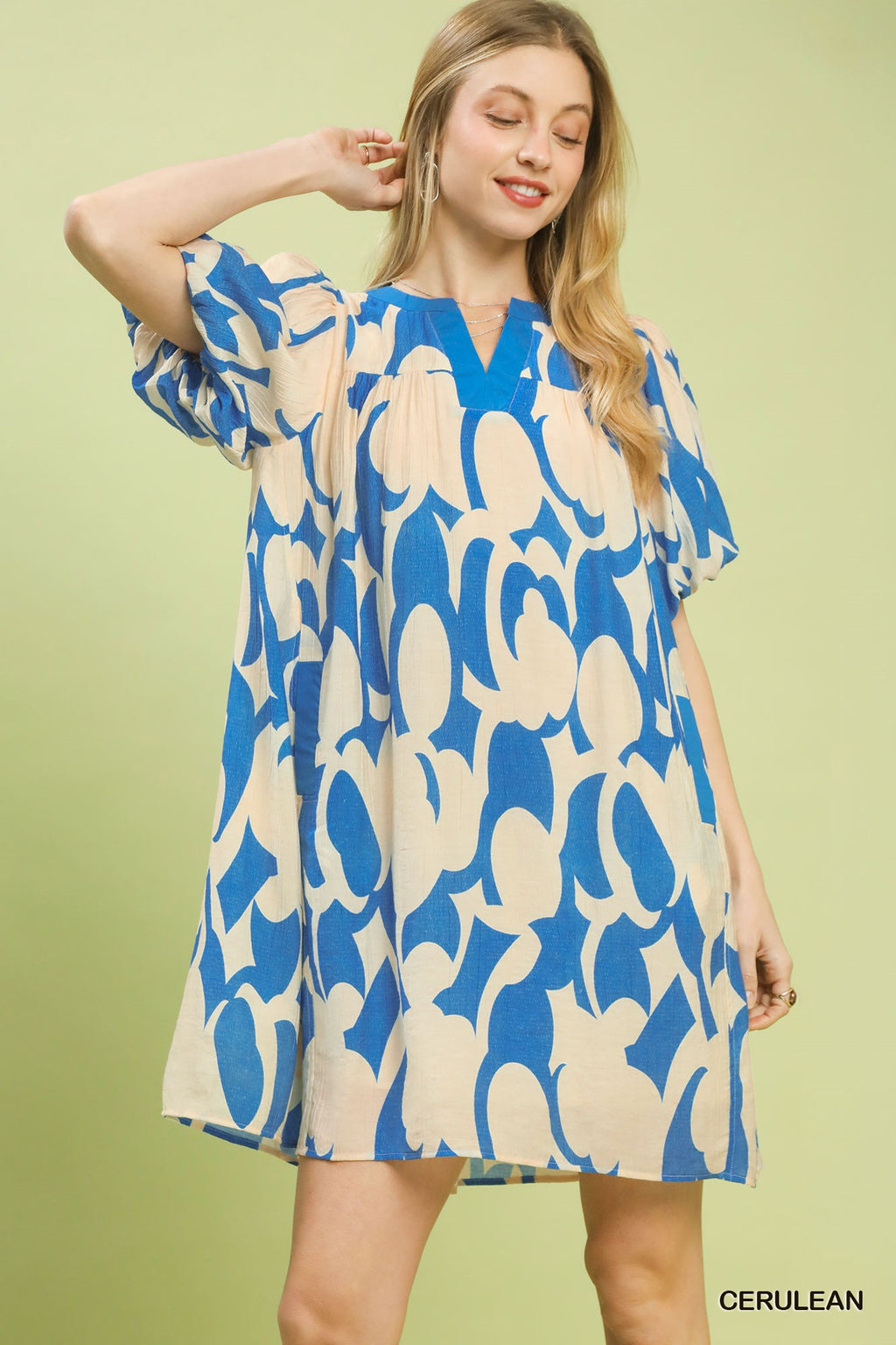 Abstract Print Puff Sleeve Shift Dress in Cerulean for Women