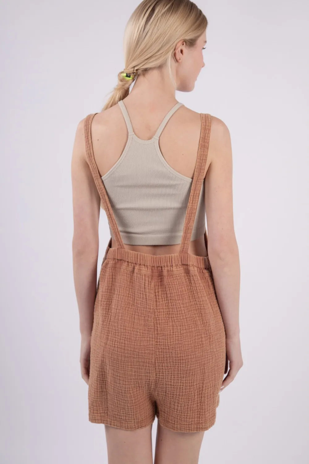 Sleeveless Double Gauze Overalls with Pockets in Mocha for Women