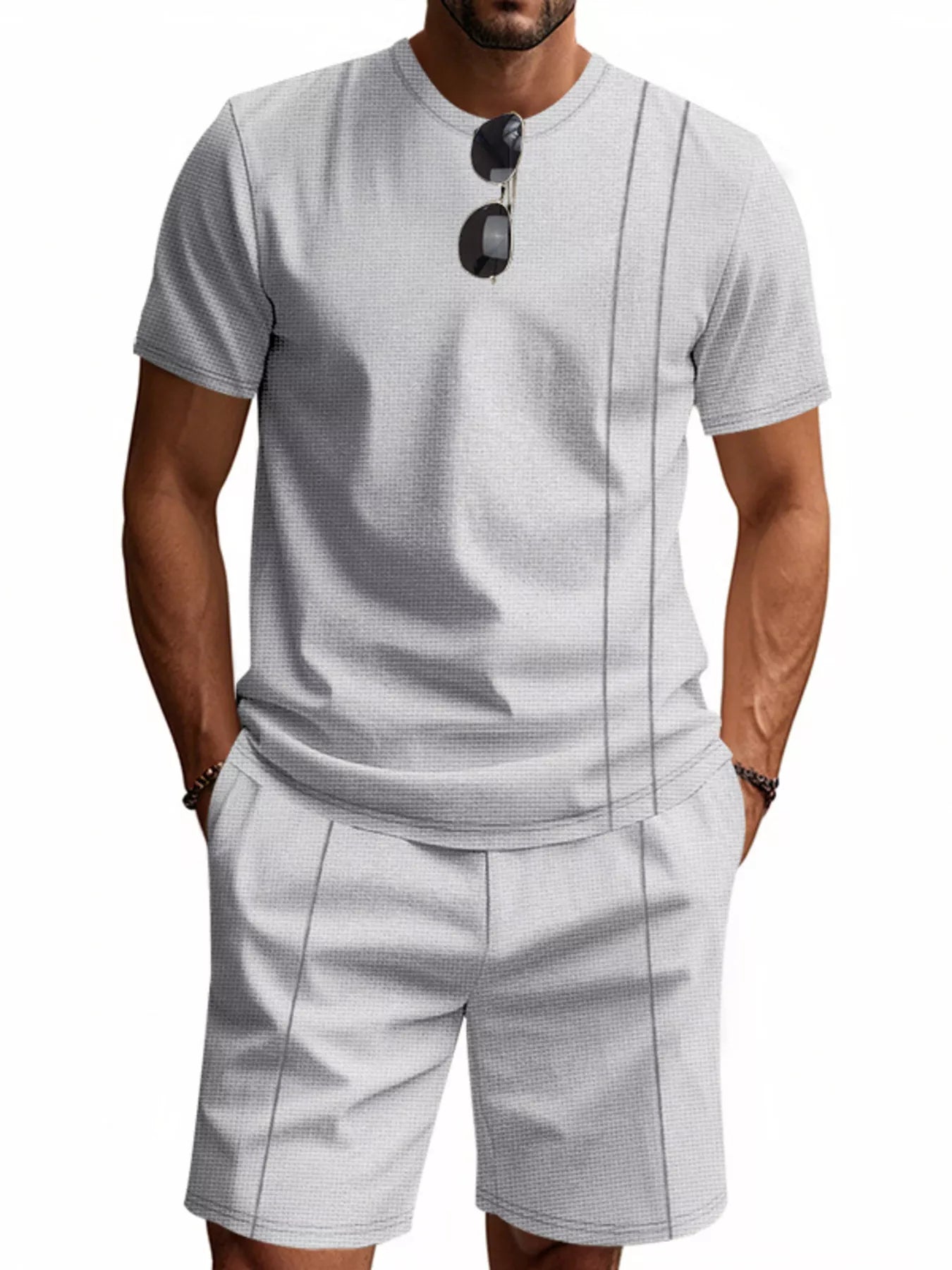 Casual Striped Short Sleeve T-Shirt and Shorts Set Plus Size in Khaki for Men