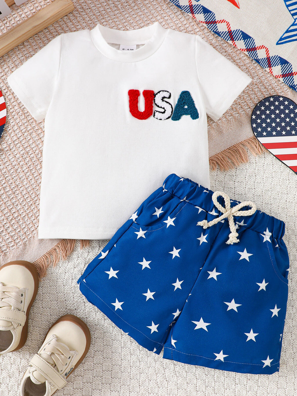 Patriotic USA Tee & Star Print Shorts Set in White for Boys