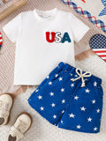 Patriotic USA Tee & Star Print Shorts Set in White for Boys