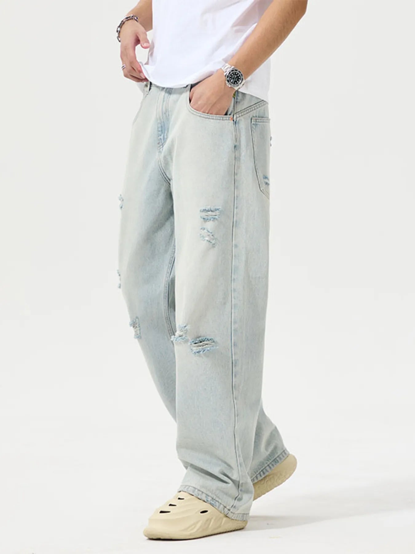 Distressed Wide Leg Jeans Plus Size in Light Blue for Men