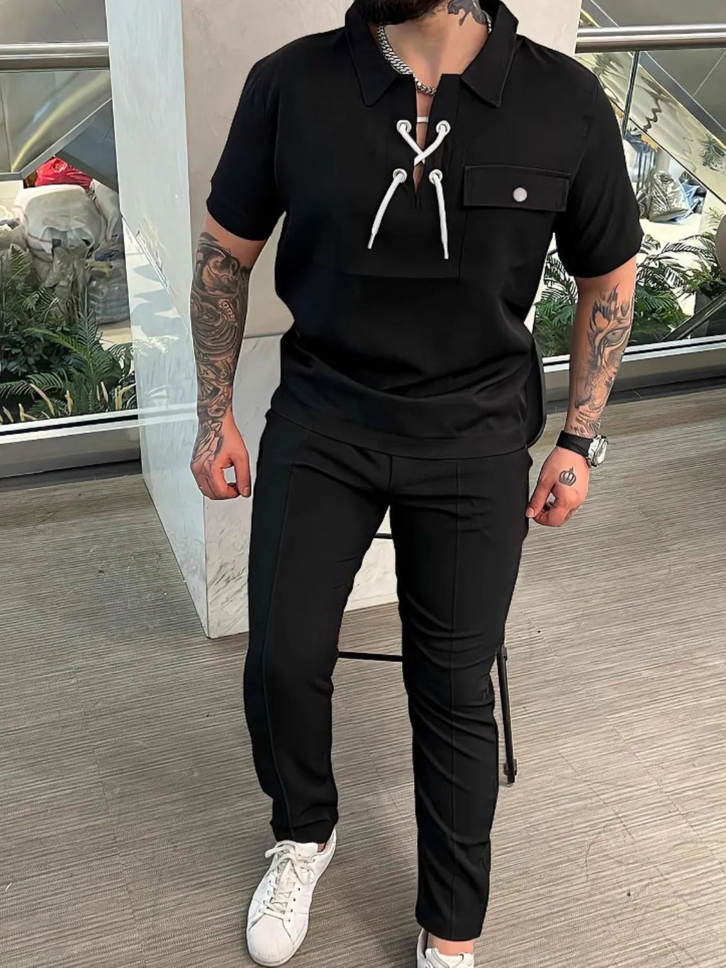 Lace Up Short Sleeve Top and Pants Plus Size in Black for Men