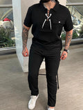 Lace Up Short Sleeve Top and Pants Plus Size in Black for Men