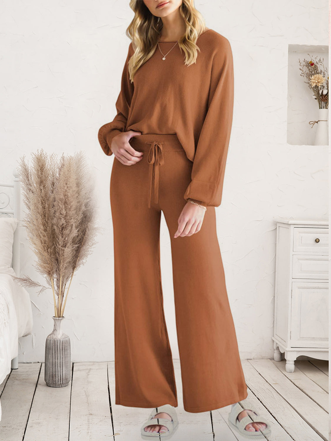 Long Sleeve Lounge Top and Drawstring Pants Set in Light Gray for Women