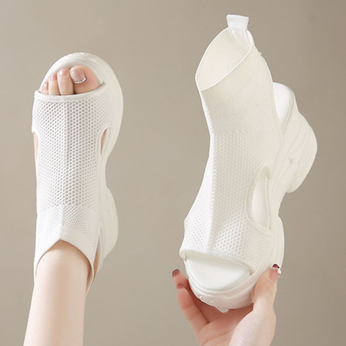 Cutout Mesh Wedge Sandals in White Lace for Women