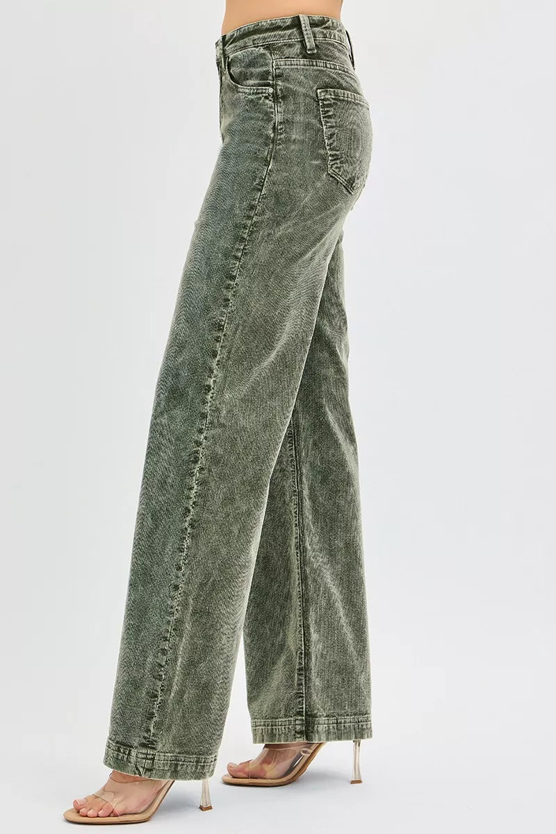 High Rise Wide Leg Corduroy Jeans Plus Size in Forest for Women