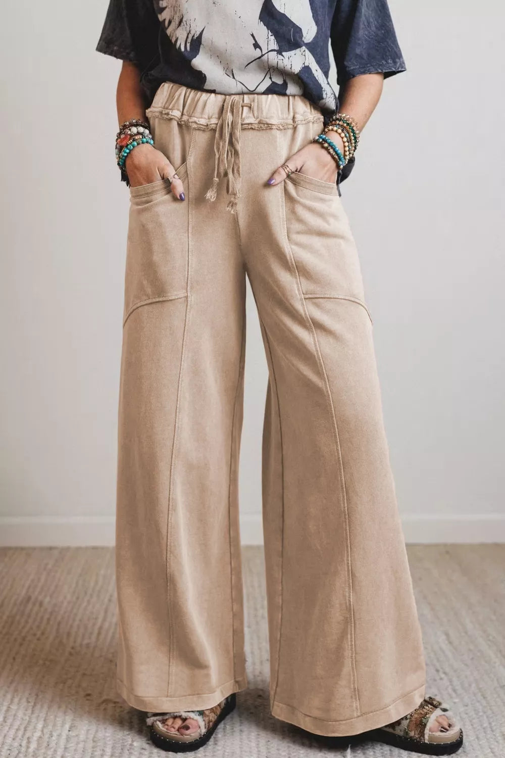 Mineral Wash Drawstring Retro High Waist Wide Leg Western Pants in Khaki for Women