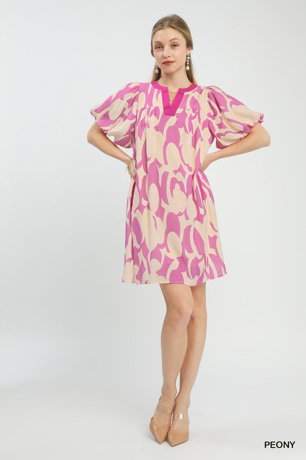 Abstract Print Puff Sleeve Shift Dress in Peony for Women