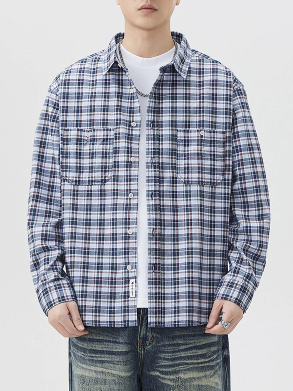 Plus Size Plaid Button Up Long Sleeve Shirt in Blue Grid for Men