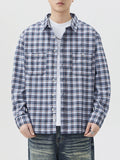 Plus Size Plaid Button Up Long Sleeve Shirt in Blue Grid for Men