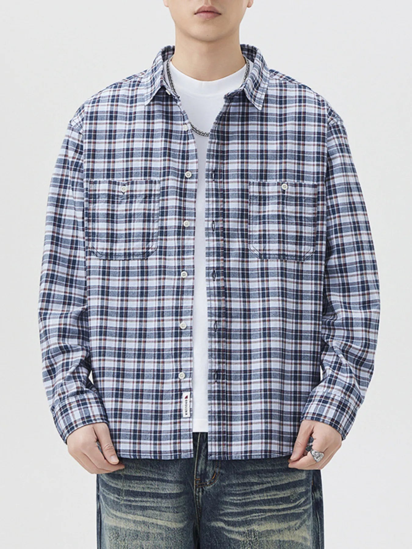 Plus Size Plaid Button Up Long Sleeve Shirt in Blue Grid for Men