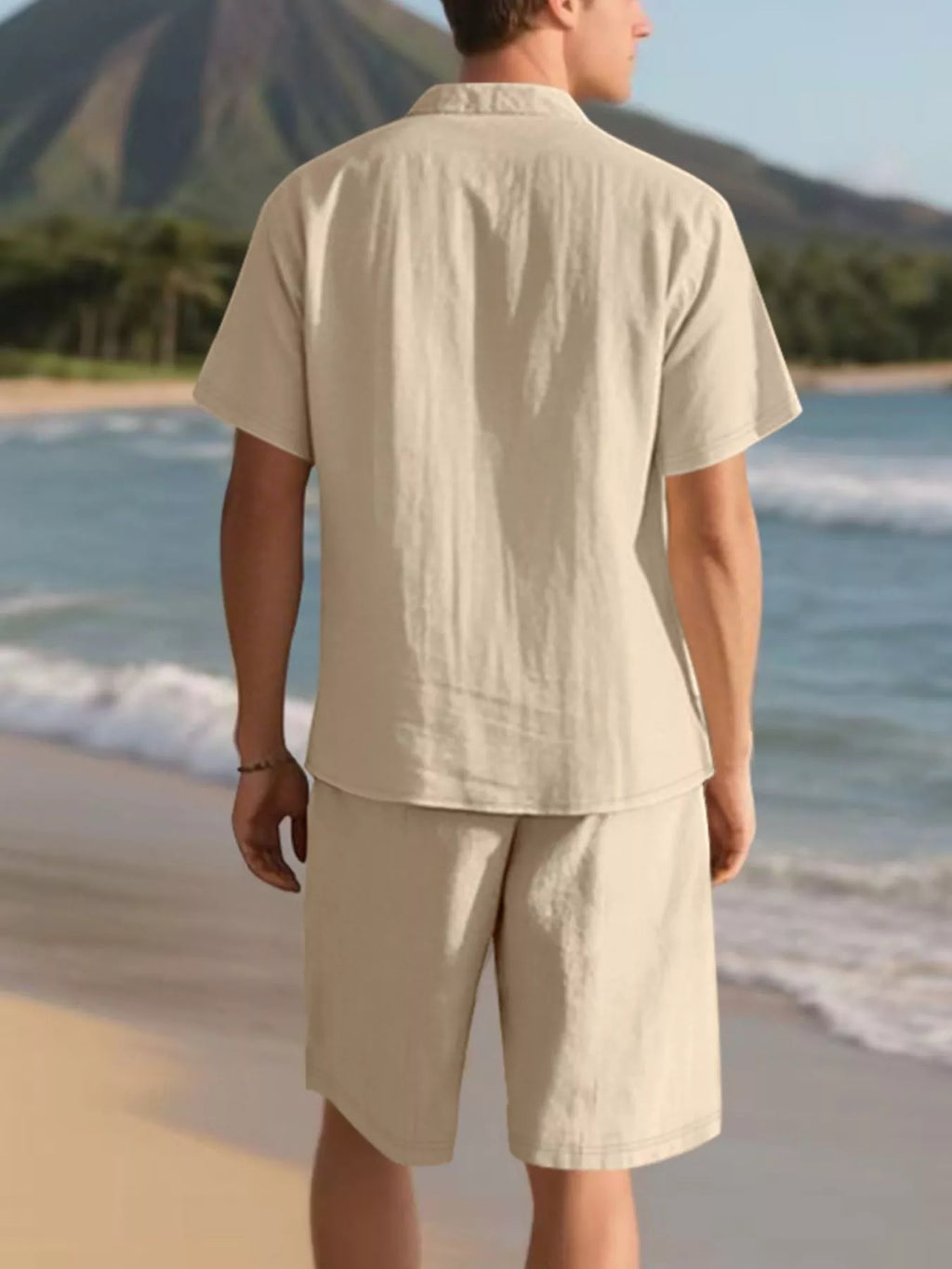 Casual Button Up Shirt and Shorts Set Plus Size in Black for Men