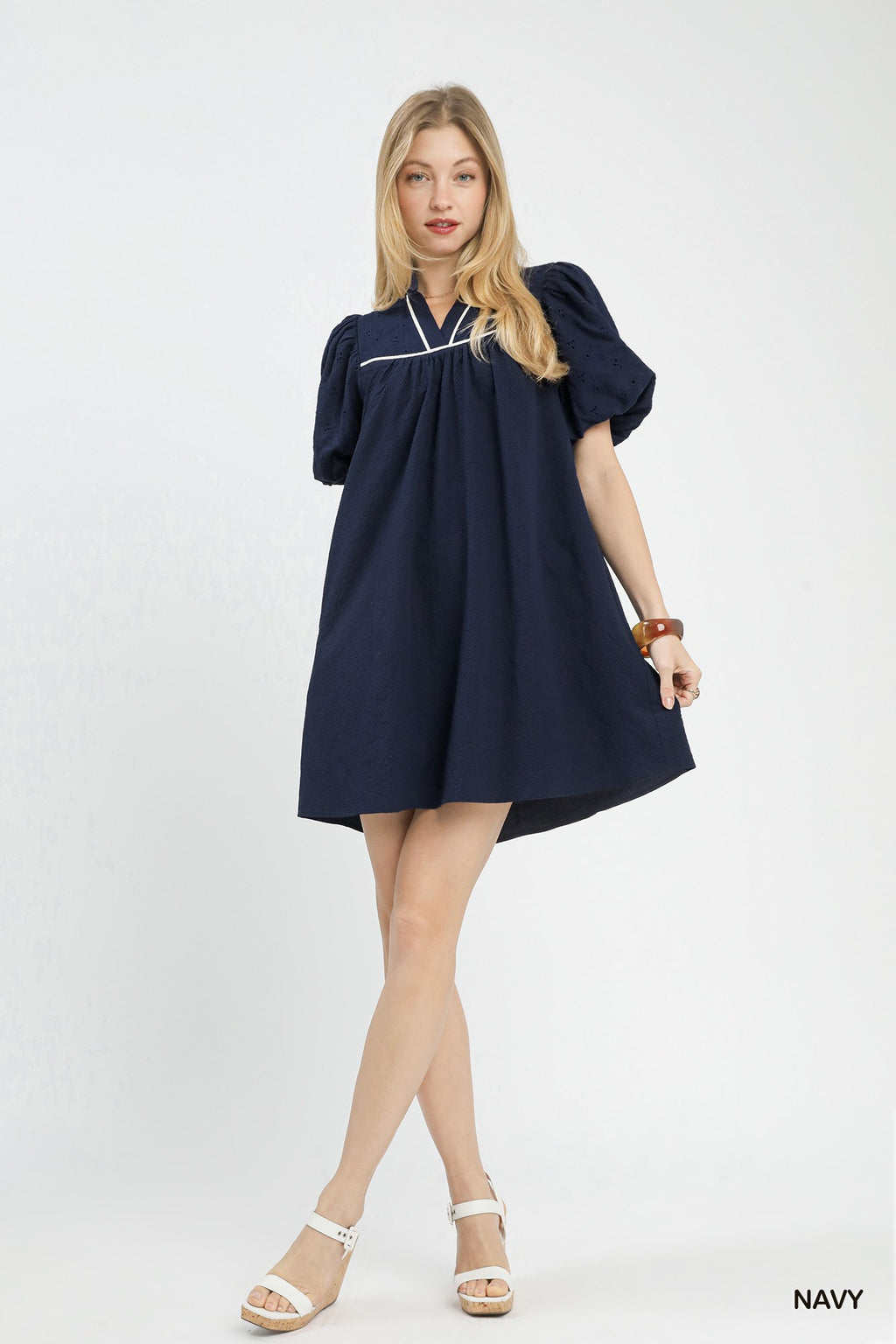 Puff Sleeve Textured Babydoll Dress in Navy for Women