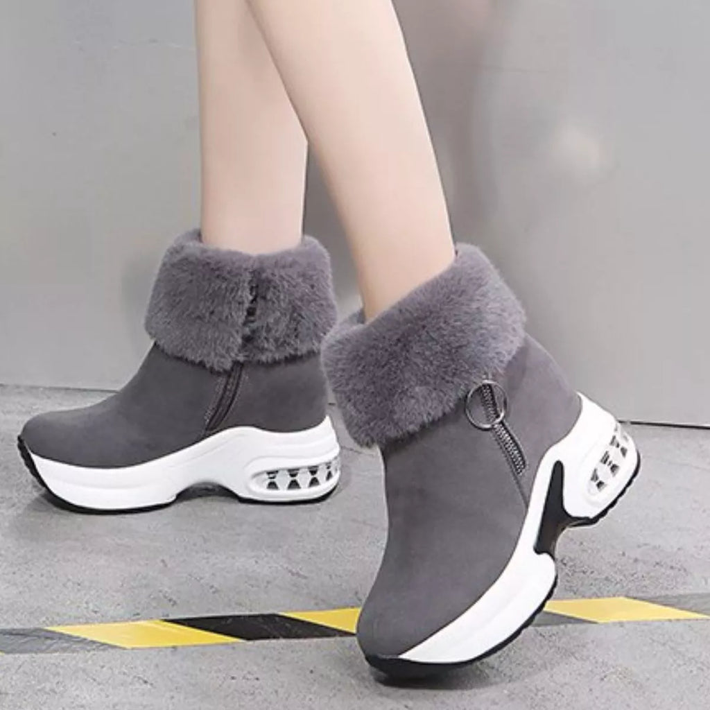 Fuzzy Side Zipper Platform Ankle Boots in Black for Women