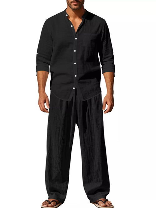 Button Up Long Sleeve Shirt and Pants Plus Size in White for Men