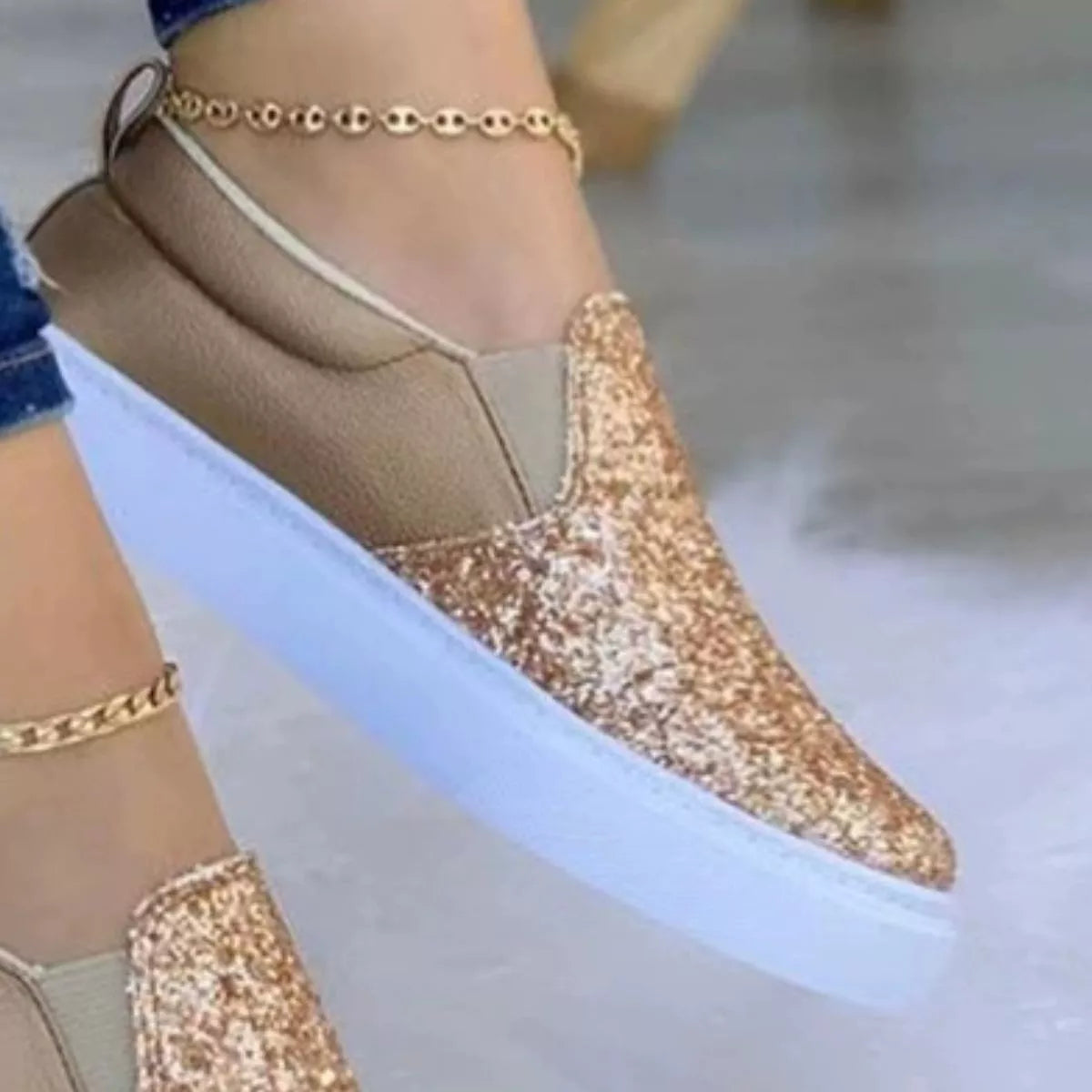 Sequin Round Toe Platform Slip-Ons in Gold for Women