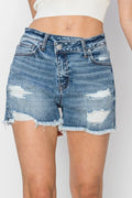 Stepped Waist Frayed Denim Shorts in Medium for Women
