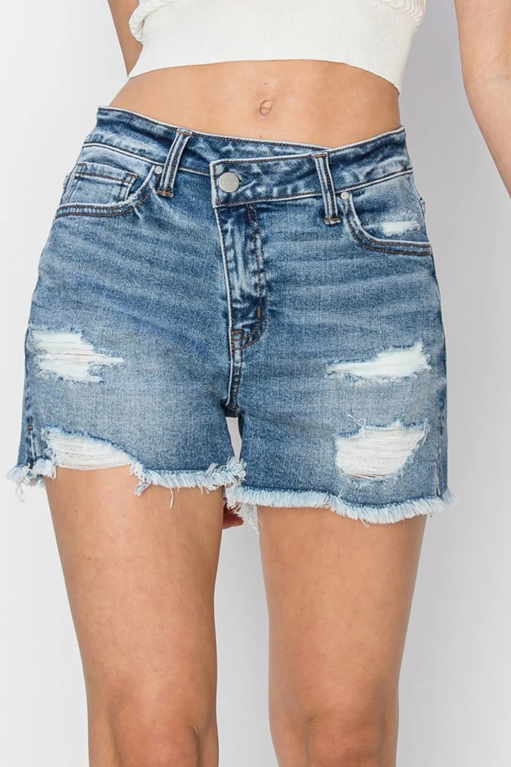 Stepped Waist Frayed Denim Shorts in Medium for Women