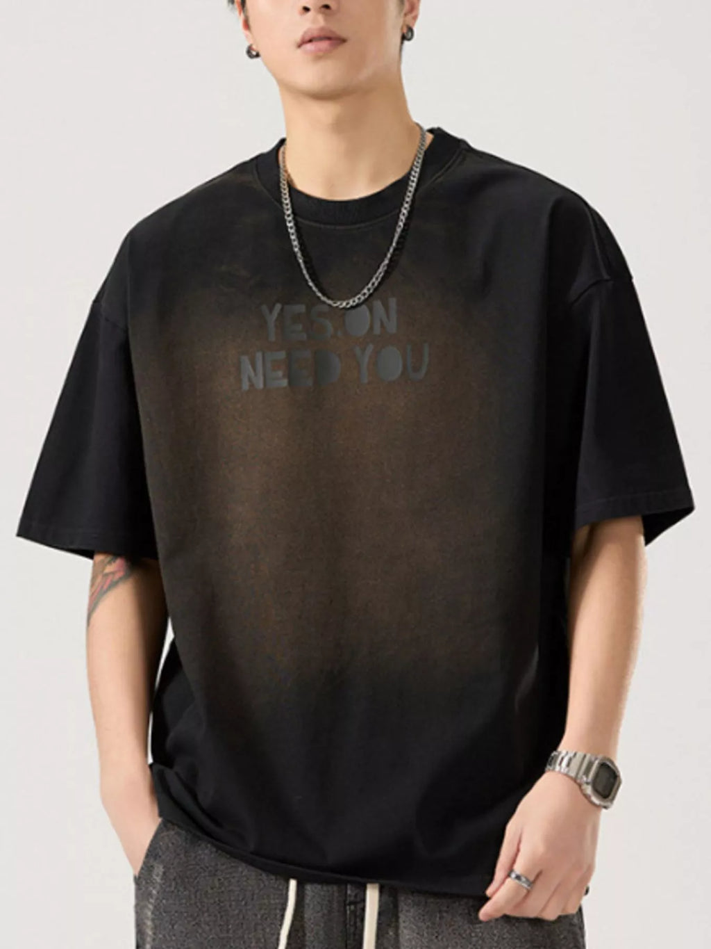 Letter Round Neck Short Sleeve T-Shirt Plus Size in Washed Gray for Men