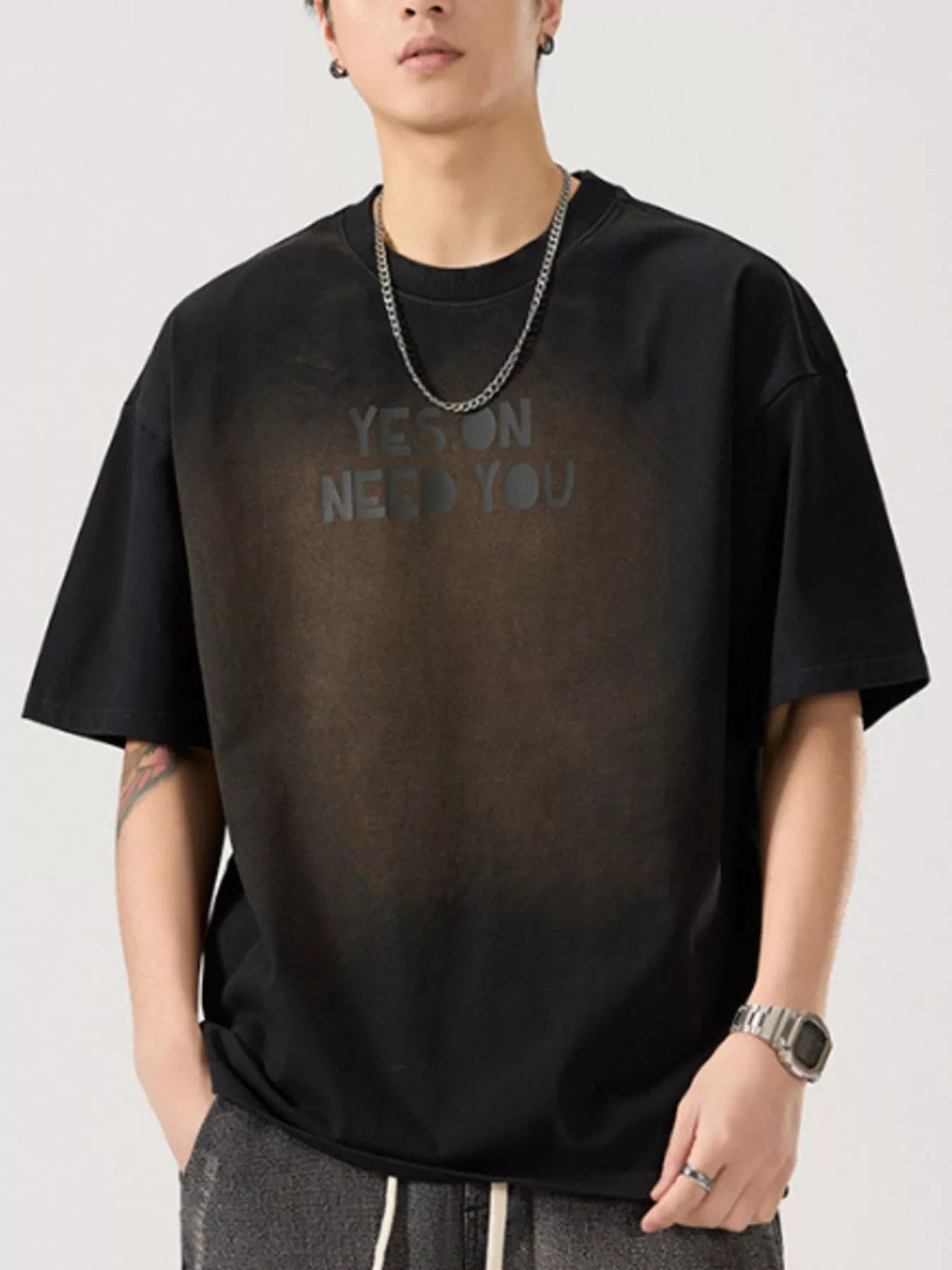 Letter Round Neck Short Sleeve T-Shirt Plus Size in Washed Gray for Men