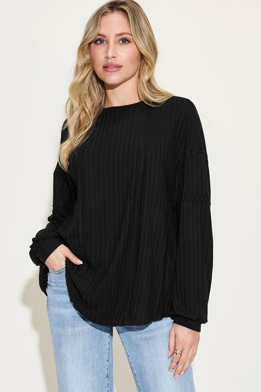 Plus Size Ribbed Round Neck Long Sleeve T-Shirt in Orange for Women