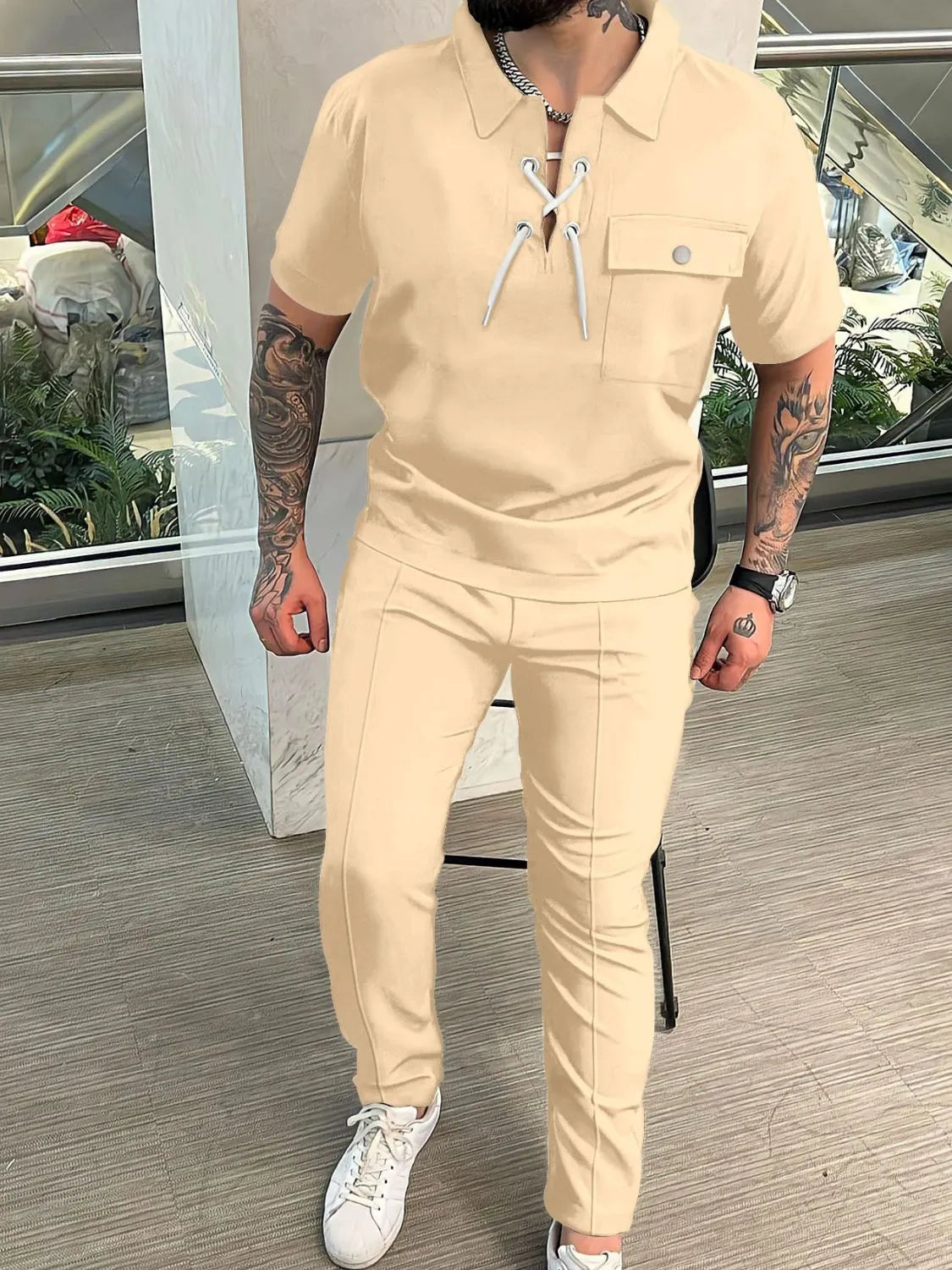 Lace Up Short Sleeve Top and Pants Plus Size in Black for Men