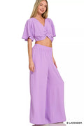Woven Airflow Twisted Top & Wide Leg Pants Set in Lavender for Women