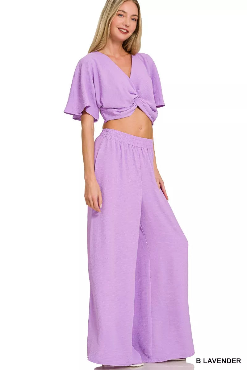 Woven Airflow Twisted Top & Wide Leg Pants Set in Lavender for Women