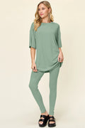 Plus Size Round Neck Dropped Shoulder T-Shirt and Leggings Set in Black for Women