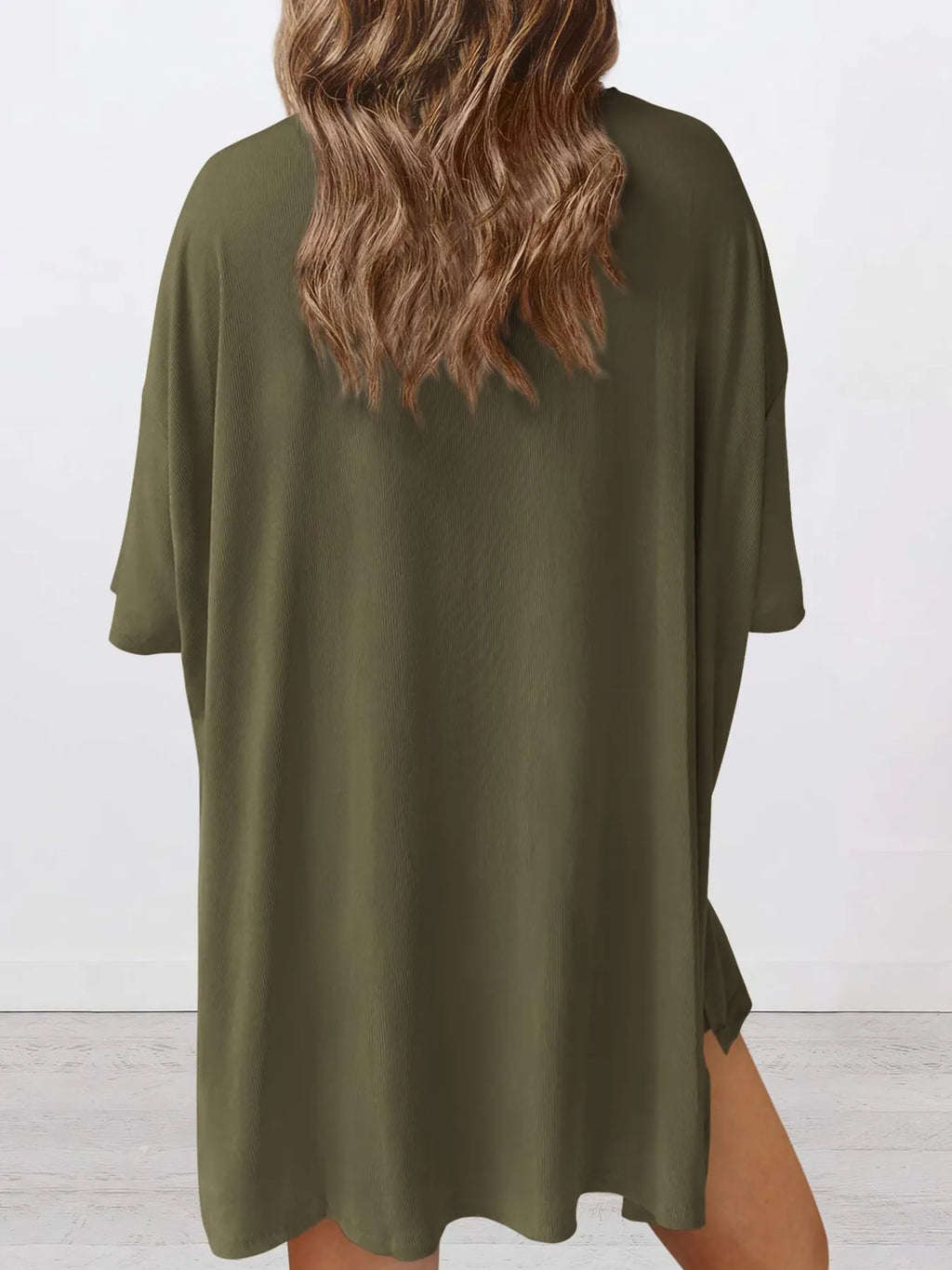 Oversized Slit Round Neck Top and Shorts Lounge Set Plus Size in Army Green for Women