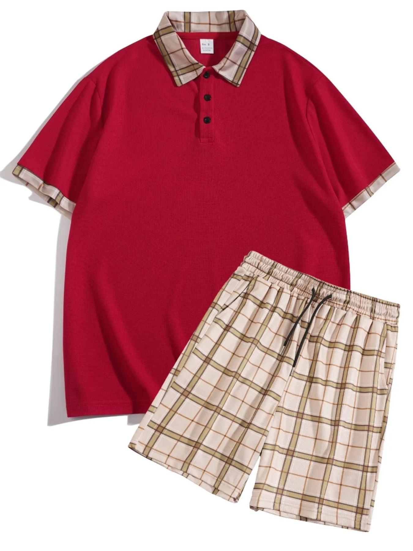Classic Plaid Collar Polo and Shorts Set Plus Size in Red for Men