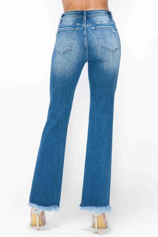 Plus Size Raw Hem Distressed High Rise Bootcut Jeans in Medium for Women