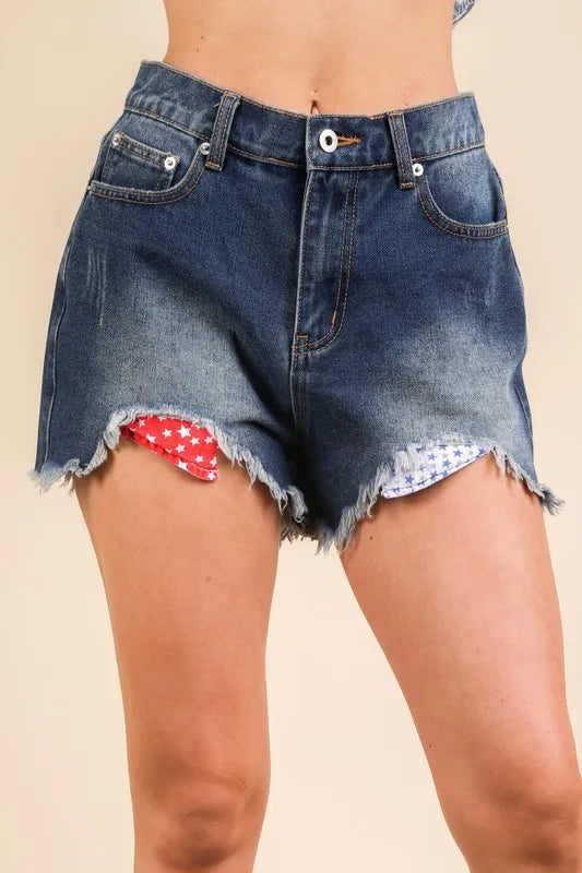 Raw Hem Pocketed Contrast Washed Denim Shorts for Women