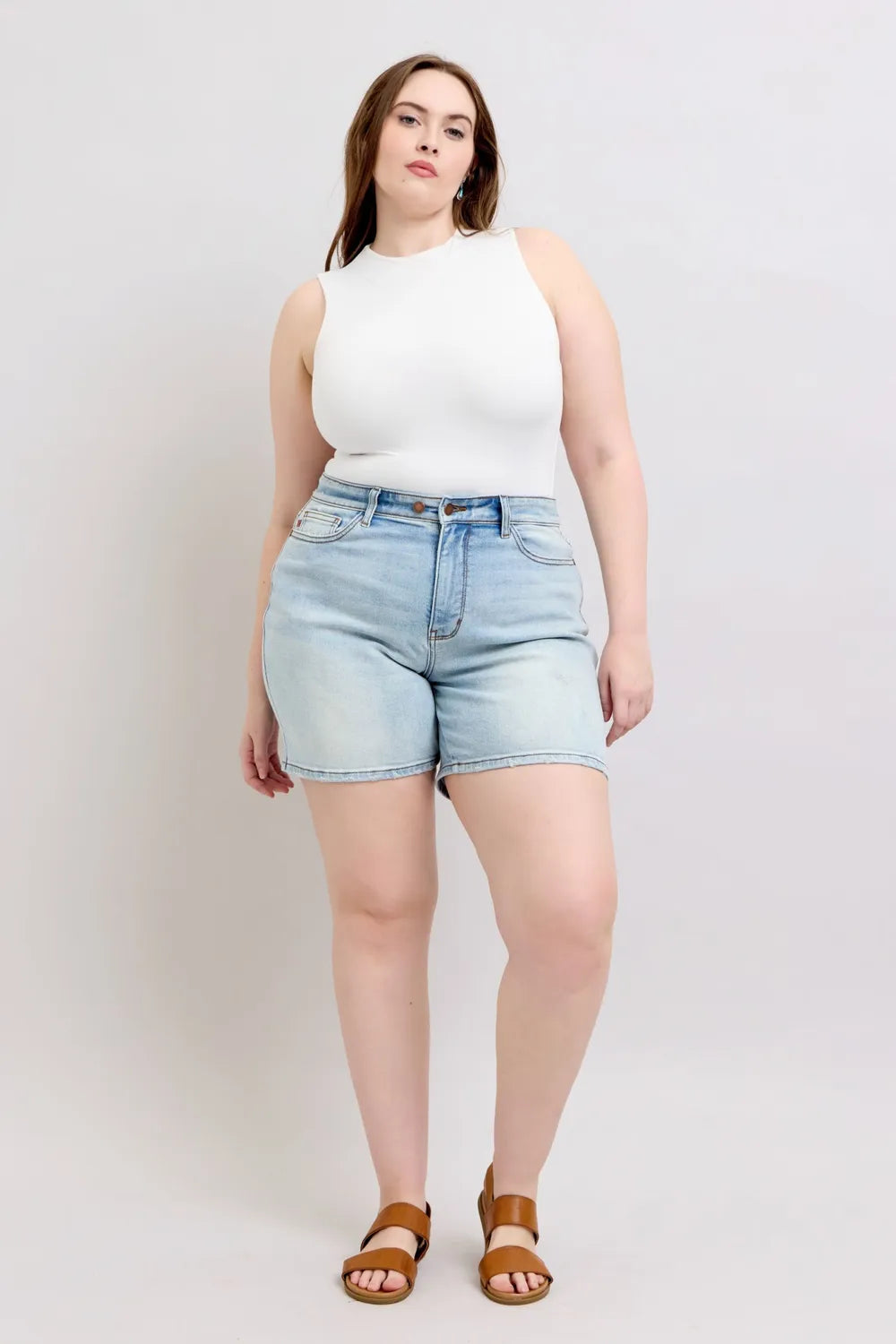 2 Button Denim Shorts with Pockets Plus Size in Light for Women
