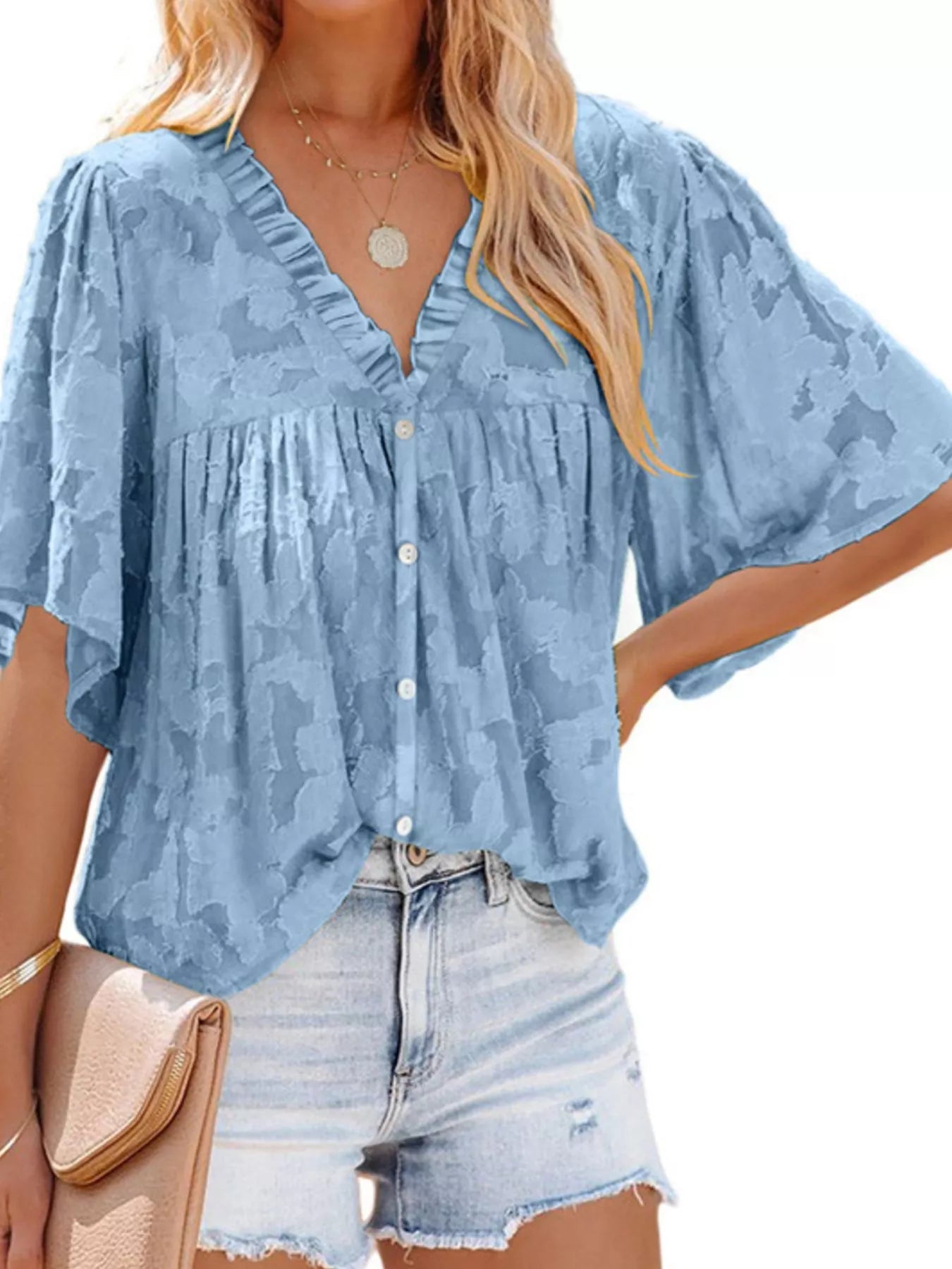 Textured V-Neck Button-Down Shirt Plus Size in Brown for Women