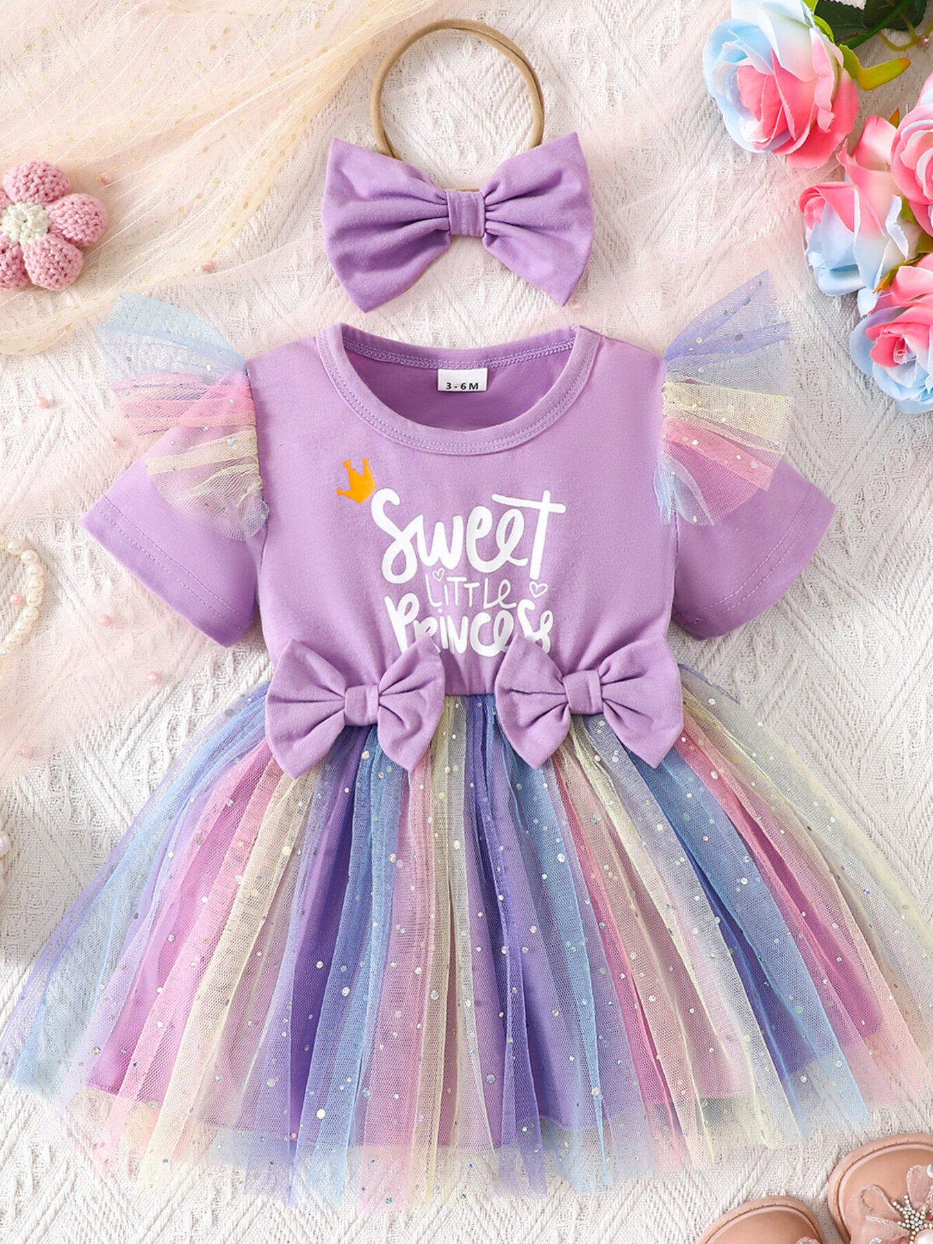 Bowknot Tulle Dress with Headband in Lavender for Girls