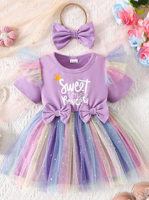 Bowknot Tulle Dress with Headband in Lavender for Girls