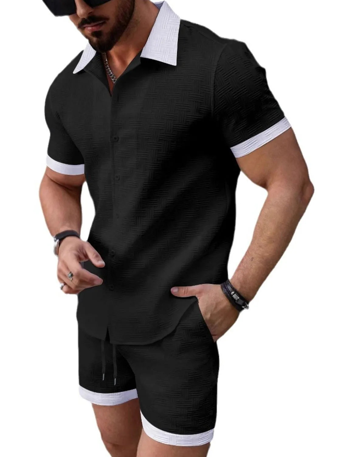 Button Up Short Sleeve Shirt and Shorts Set in White in Tan for Men