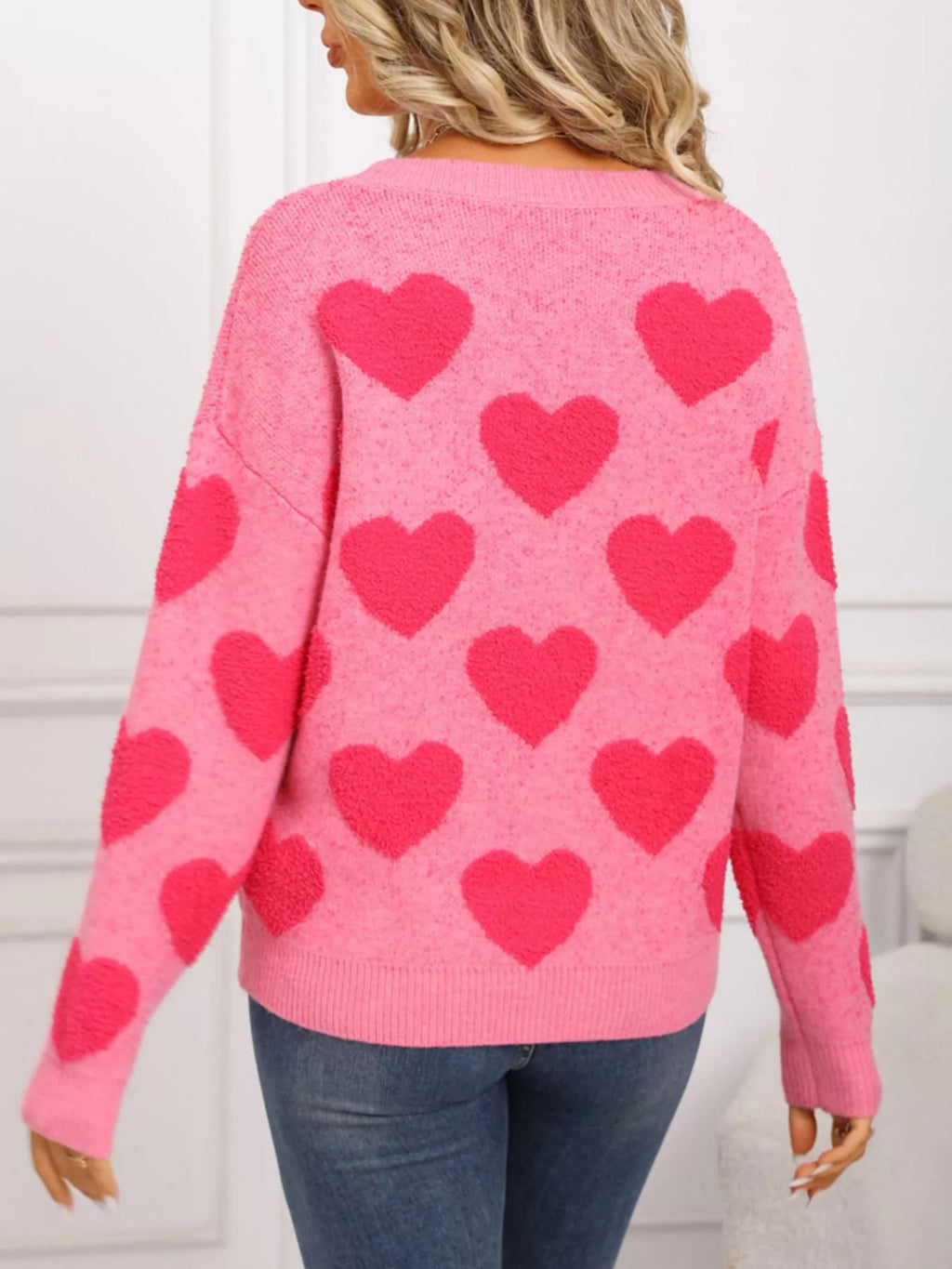 Valentines Day Heart Pattern Round Neck Sweater in Classic for Women