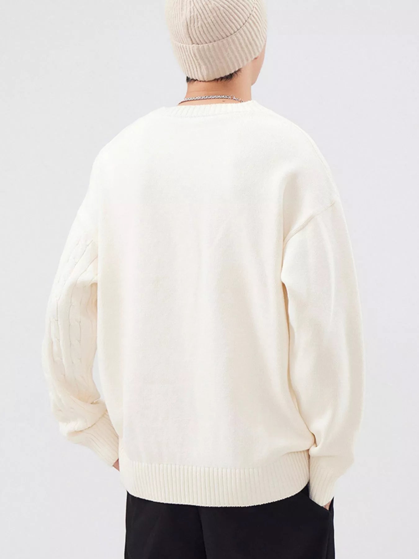Cable Knit Long Sleeve Sweater Plus Size in Light Apricot for Men