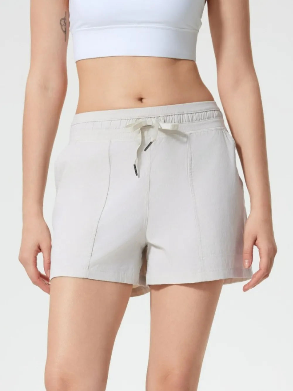 Drawstring Active Shorts with Pockets in White for Women