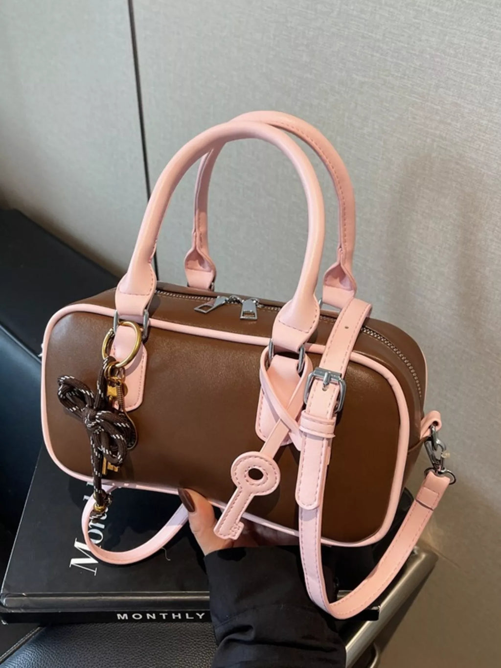 Barrel Crossbody Bag with Key Charm in Brown for Women