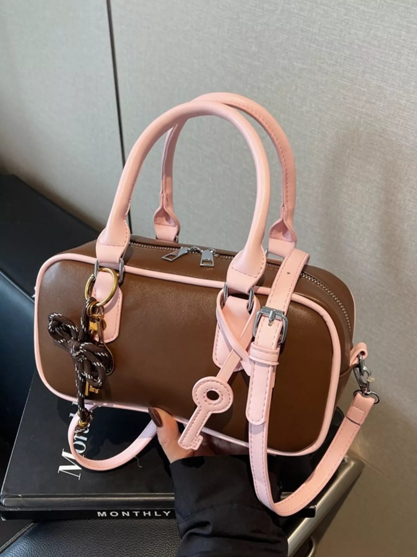 Barrel Crossbody Bag with Key Charm in Brown for Women